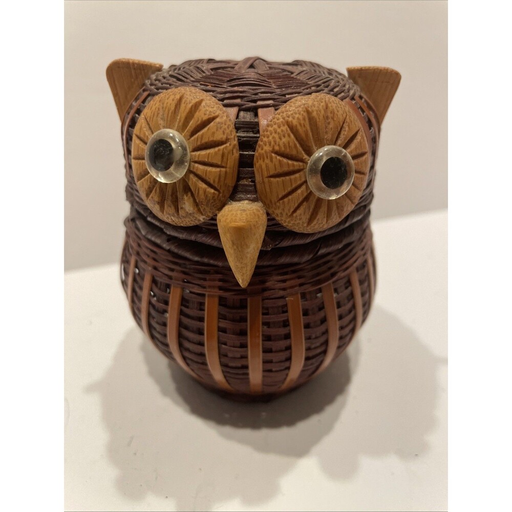 Vintage Rattan Wicker Owl Trinket Basket Pot Figurine Storage Rustic 4”